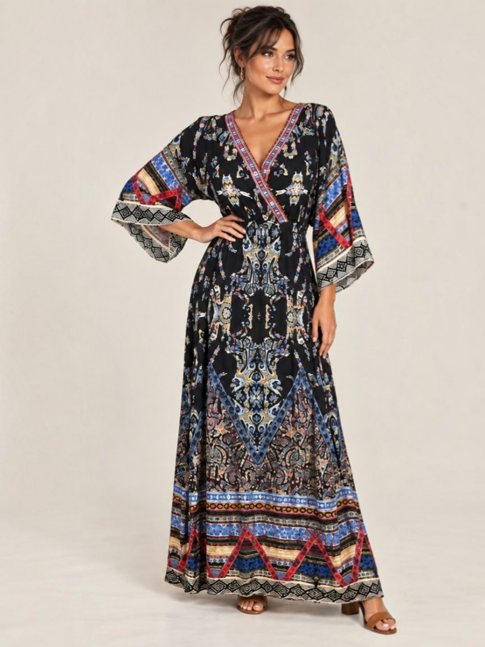 Flying Tomato Boho Paisley Medallion Aztec Print Kimono Sleeve Maxi Dress M